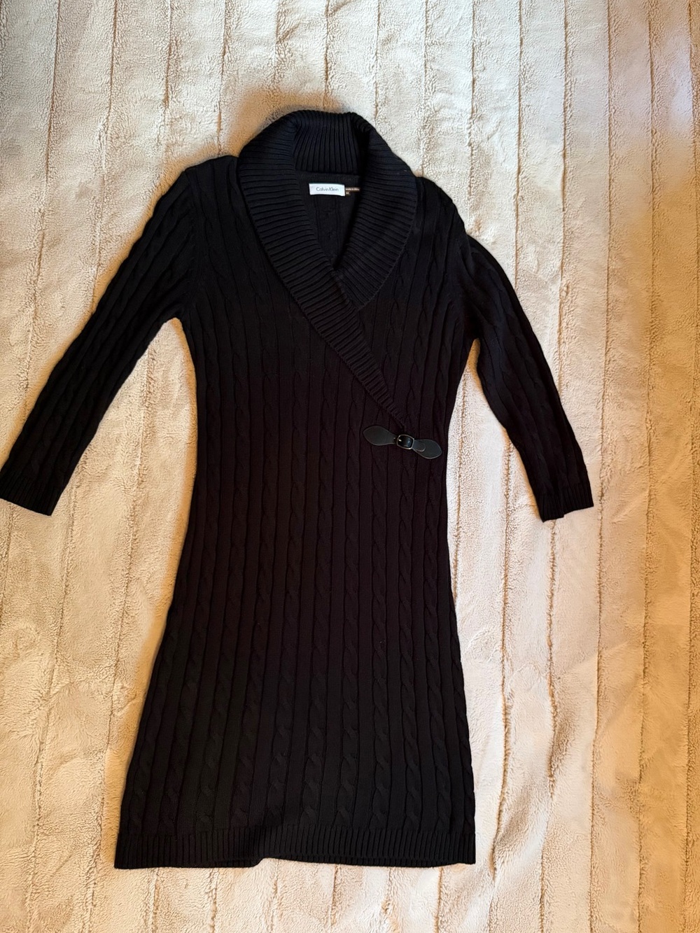 Calvin Klein Black Cable-Knit Faux Wrap Sweater Dress, Size Medium